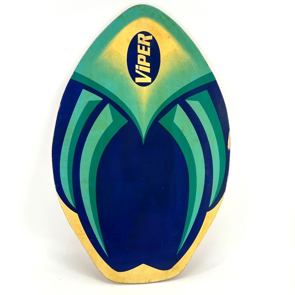 Vintage Viper Wooden Skimboard Blue Green Yellow Graphic Boogie Board Beach Surf